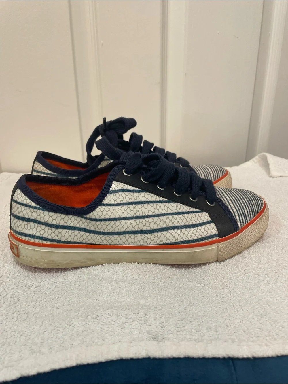 Tory Burch Navy, White and Orange Striped Low-Top Sneakers